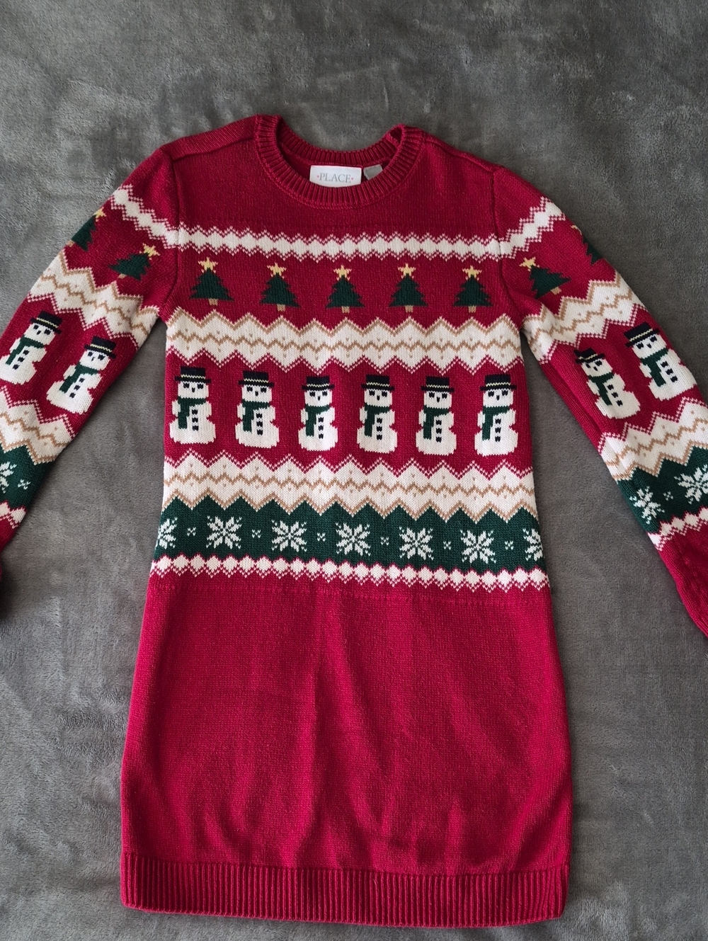 The Children's Place Red Holiday Snowman Sweater Dress with Green Accents